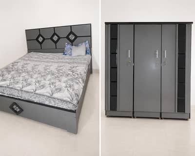 Modern Grey Double Bed with 3-Door Wardrobe Set – Excellent Condition
