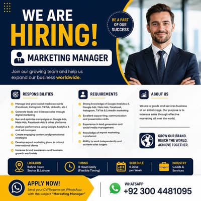 Marketing Manager Required – Digital Marketing & Social Media Expert |