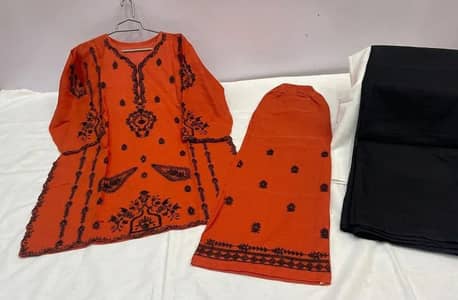 Orange Printed Kurta Set with Black Scarf