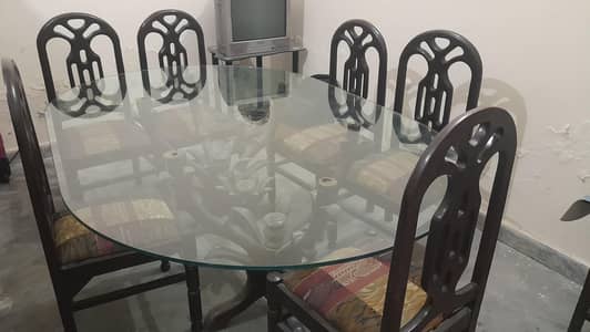 6 Seater Wooden Dining Table Glass Top & 6 Chairs - Good Condition