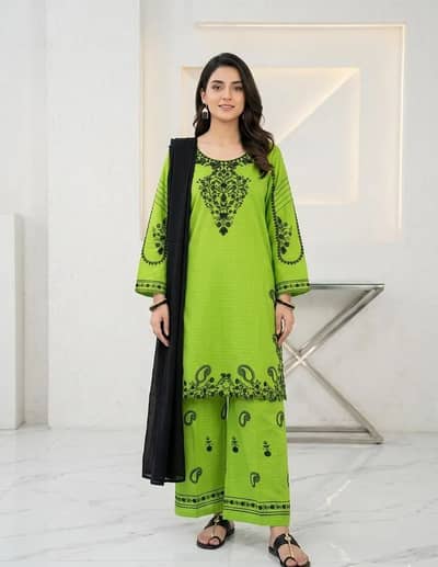 Green Embroidered 3-Piece Cotton Lawn Suit for Women