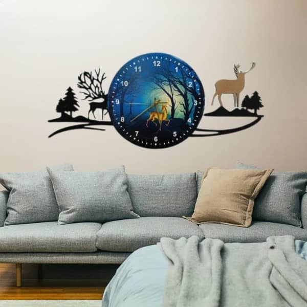 Forest Figure Deer Blue Jungle Clock Wall Clock, Fancy Clocks For Bedroom and Drawing Room