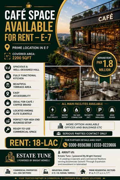 Caf Space Available for Rent E-7 Prime Location in E-7 Covered Area: 2200 Sqft