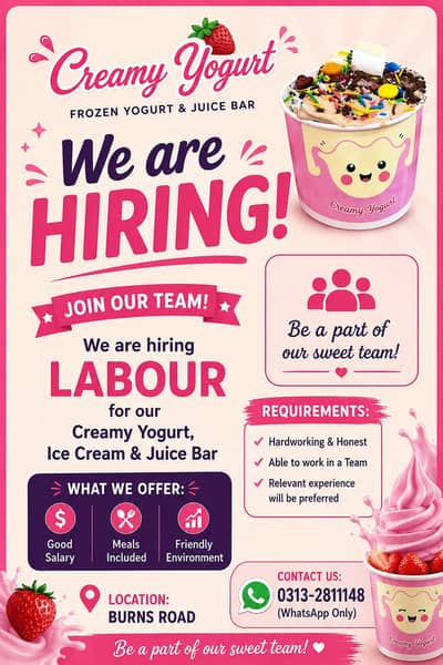 WE ARE HIRING THE BOY FOR YOGURT ICE CREAM AND JUICE BAR