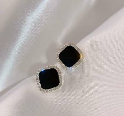 black square stone earrings with crystal halo for women