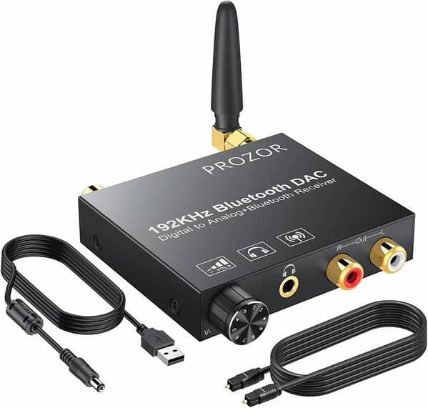 PROZOR Bluetooth DAC Converter - 192kHz with Volume Knob Digital Optical Coaxial to RCA 3.5mm DAC Bluetooth Receiver Digital to Analog Audio Converter with 1m/3ft Optical Cable for HDTV Blue Ray DVD