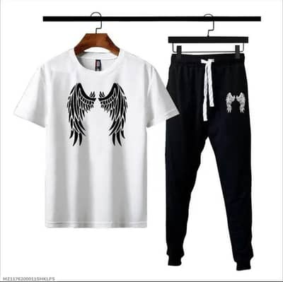 ​Men's White Cotton Angel Wing T-Shirt & Black Joggers Tracksuit Set