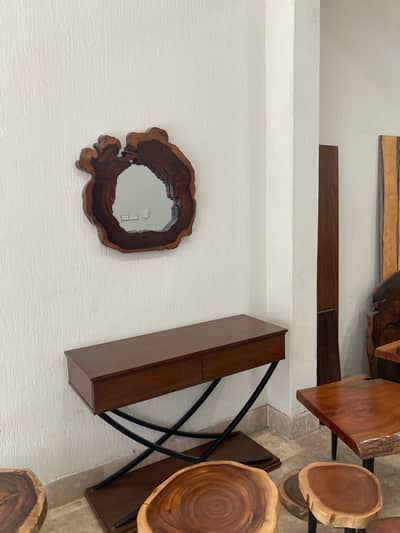 Wooden table and mirror and clock