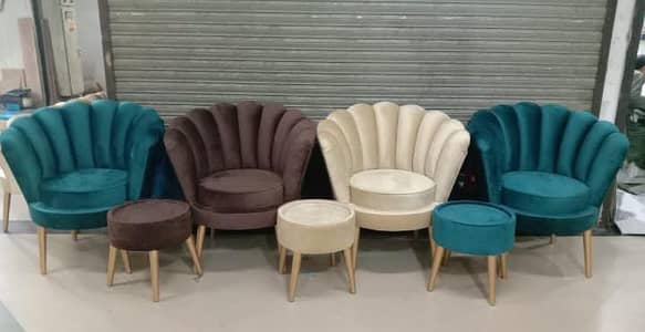 Luxury Shell Chair Set with Ottoman | Velvet Fabric | Umair Interior