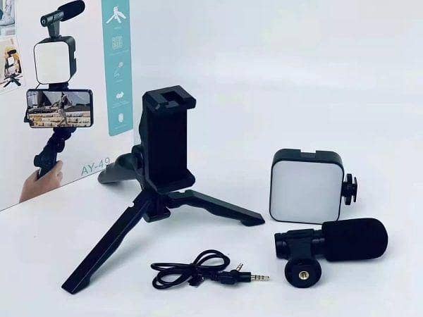 AY-49 Video Making Kit: Wireless Remote Vlogging Tripod, LED Light, Microphone and Mobile Holder (All-In-One)