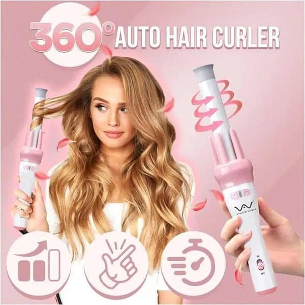 Automatic Hair Curler Spin 360° Rotating Styling Roller with Ceramic Heat Wand (White & Pink)