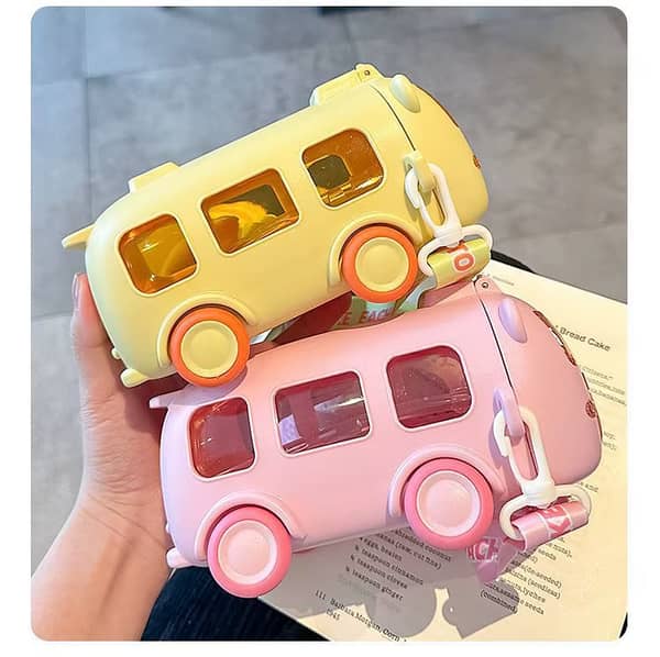Imported 500ml Bus Water Bottle for Kids with Strap Sipper and Straw Leakproof BPA Free with Lock Water Bottle for School Kids Cute Bus Shaped Water Bottle for Girls and Boys