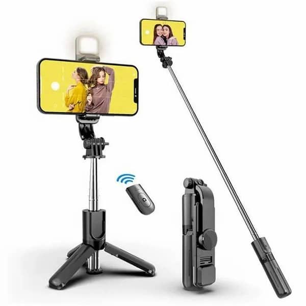 R1S Bluetooth Selfie Stick with Remote and LED Fill Light – 3-in-1 Tripod, 360° Rotation, Compatible with All Phones