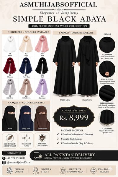Simple Black Abaya Set |3 Premium Stollers + 3 Naqabs + 2 Abayas|Hijab