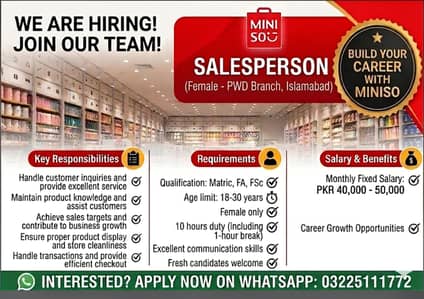 Female Staff Required  at Miniso pwd Islamabad