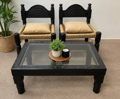 Original Pure Wooden Hand-Carved 2 Chair with Table Set l
