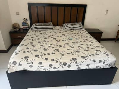 King Size Wooden Bed with Spring Mattress & Side Tables