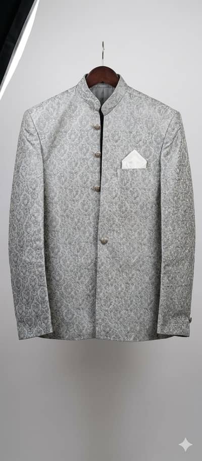 Coat for Men's Light Grey Self-Jacquard Prince Coat - Ready to Wear