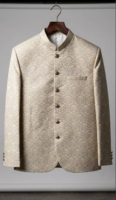 Men's Beige-Grey Jacquard Prince Coat - Ready to Wear