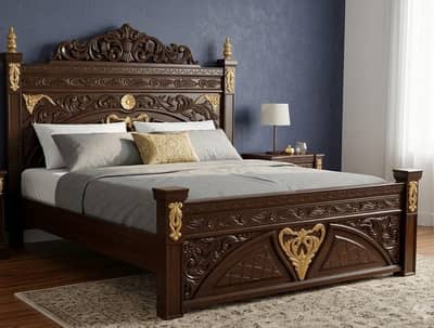 Bed Royal Carved Wooden King Size with Golden Highlights _03188104904