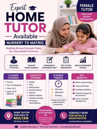 Looking for a Female Tutor? Nursery to Matric Classes Available
