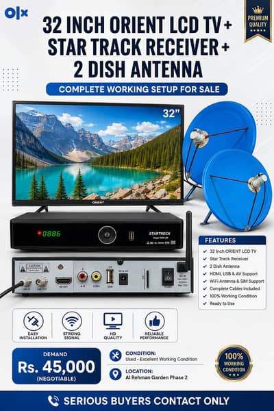  32 Inch ORIENT LCD TV + Star Track Receiver + 2 Dish Complete Setup