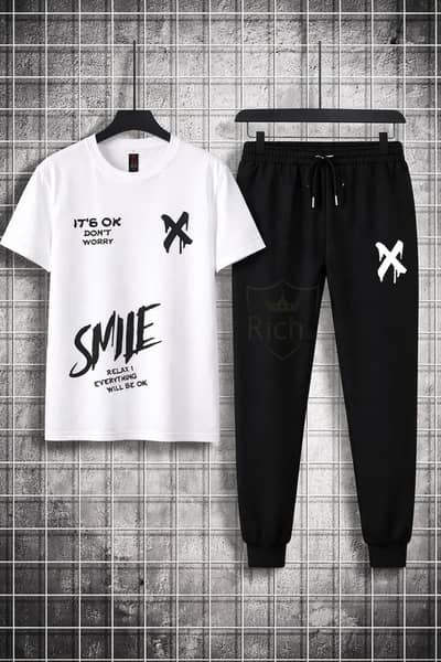 Men Printed Graphic Track Suit White Black Cotton 2Pcs Set