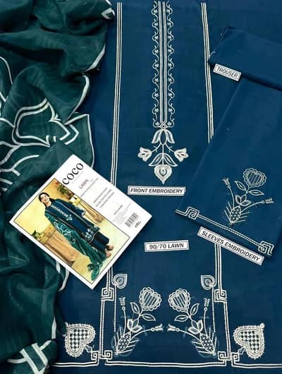 3- piece Embroidered Lawn Suit Blue Green for Women