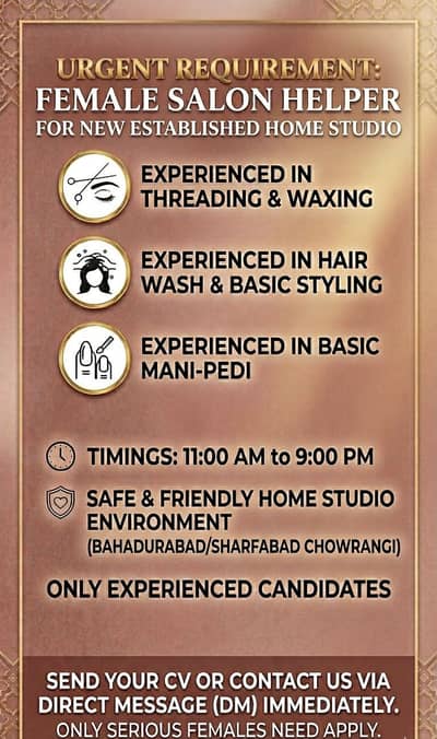 Urgent Need: Female Salon Helper / Assistant for Home Studio