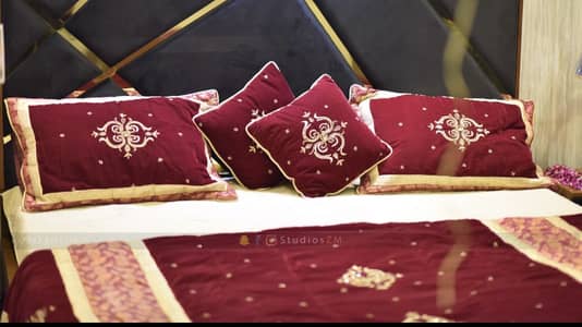 Luxury Maroon Velvet bridal Bedsheet Set with Cushions