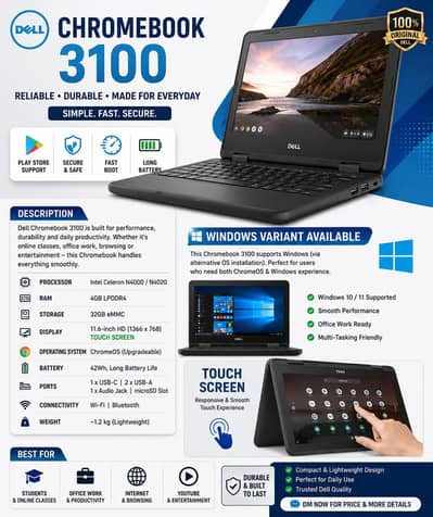 Dell Chromebook 3100 Touch Screen |4GB RAM 32GB SSD | Windows |