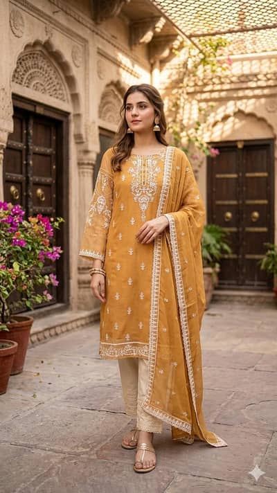 3piece embroidered suit with thread work, pearl & sequin embellishment