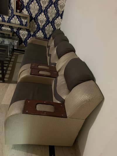 Beige and Brown 6 seater sofa set with glass centre table
