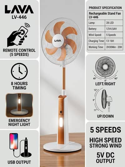 Lava Rechargeable Pedestal Fan LV-446 | 5 Speeds, 8hr Timer, USB Ports