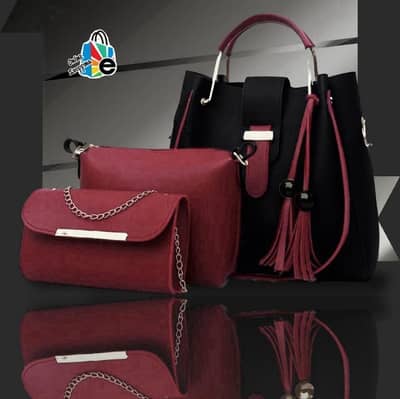 3 Piece Leather Handbag Set Maroon Black Tote Clutch