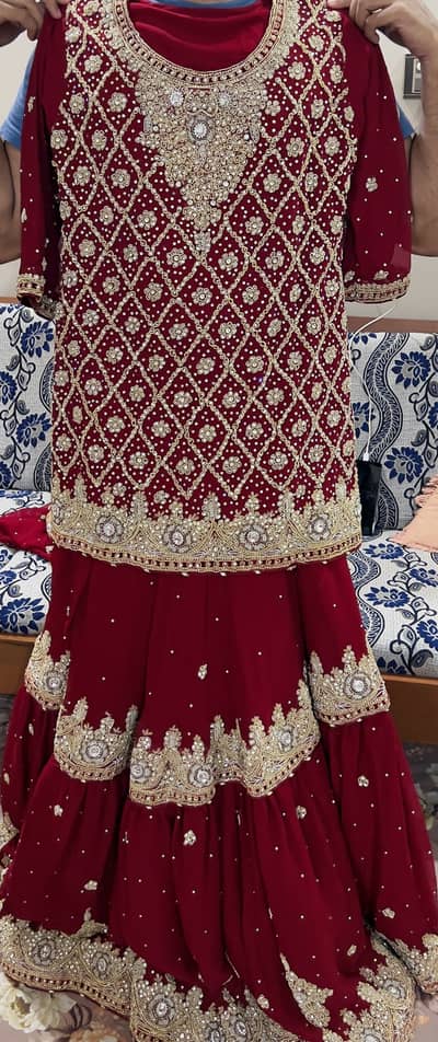 Farshi Shararah | Bridal Wear Dress - Red Lehenga for Baraat