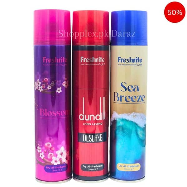 Freshrite Air Freshener Pack of 3 - 300ml Bottles in Dundill Desert, Blossom, and Sea Breeze Scents for Home, Office, and Car Use