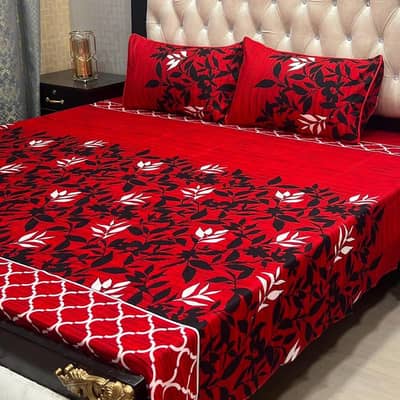 Crystal Cotton Double Bedsheet Set Red Leaf Pattern