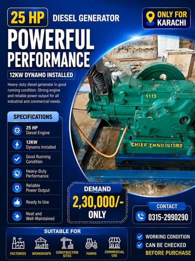 25 Hp diesel generator 12 kw dynamo  condition Heavy duti