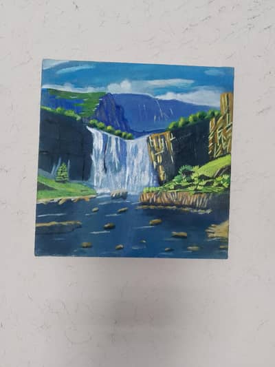 Handmade Waterfall Canvas Painting 12"X12"|Nature Landscape Wall Art'