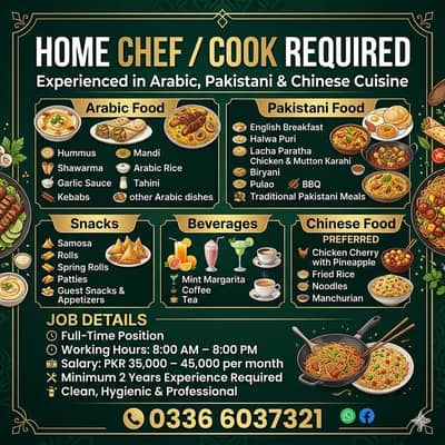 Experienced Home Chef / Cook Required