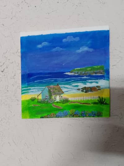 Handmade Beach House Canvas Painting 12"X12" | Seascape Wall Art