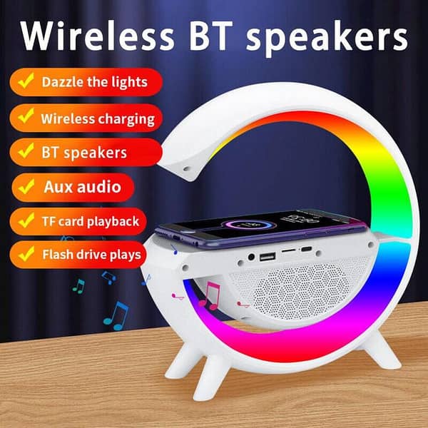 5-in-1 Smart G-Type RGB Night Light Bluetooth Speaker with 15W Wireless Charger, FM Radio, and Multiple Playback Modes (Aux/TF/USB)