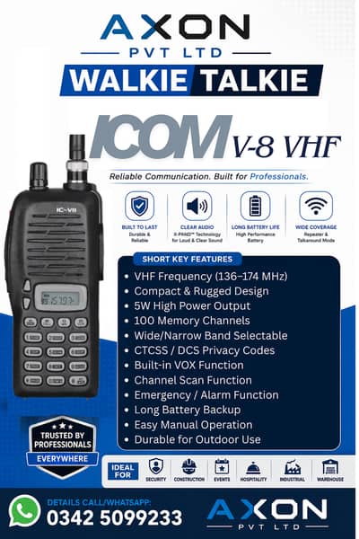 Icom V8 VHF Heavy Duty Japani Walkie Talkie, Power Battery long range