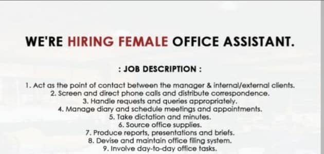 Required n Hiring Female Lady Office Assistant in Karachi