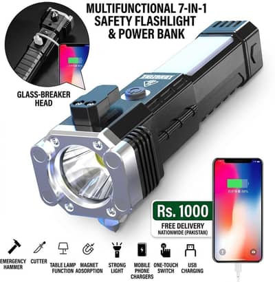 Rechargeable LED Torch Light Black 500mAh Camping Emergency
