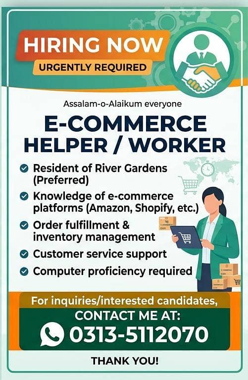 E-commerce worker/ helper/ internee required 0