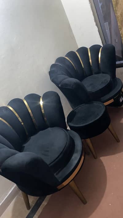 2 Black & Gold Scalloped Chairs with Matching Puffy for Sale