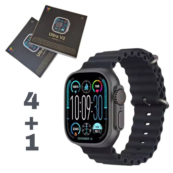 Ultra V2 New Fashion 2.2 Large Screen With 4 Straps Smart Watch With Wearfit Pro App Black