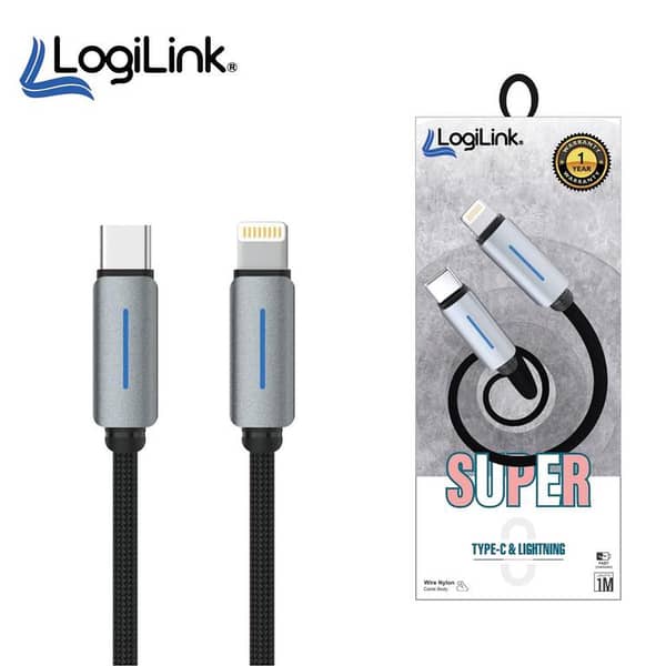 Logilink Type C To Lightning Nylon Fast Charging Data Cable With Light 1m -Black
